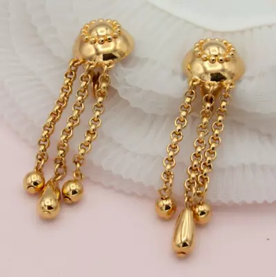 Vintage Monet Gold Etruscan Revival Long Chain Dangle Drop Earrings • $44.95