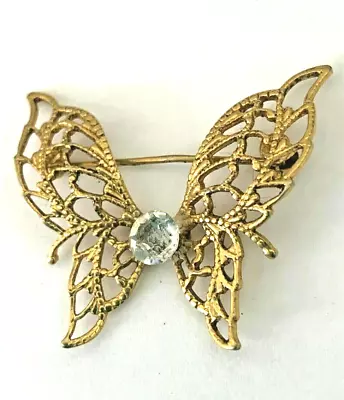 Monet VTG Signed Brooch Butterfly Pin Gold Tone Crystal Open Filigree Grannycore • $10.49