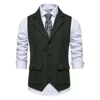 Herringbone Tweed Suit Vest Vintage For Men Sleeveless Tuxedo Slim Fit Solid Spo • $18.04