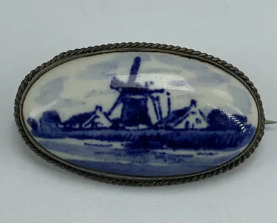 Vintage Delfts Holland 835 Silver Porcelain Brooch Pin Windmill Blue White Frame • £16