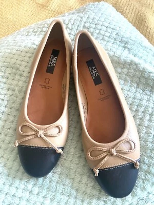 £7.99 • Buy New M&S Size 4 Tan Brown With Black Toes Leather Pumps Shoes Flats  