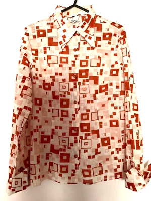 Vintage 70s M&S Rust & White Geo Dagger Collar Fitted Long Sleeve Blouse 10 12 • £19