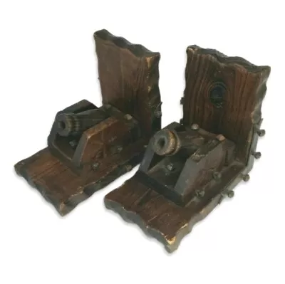 Vintage Set Of 2 Hand Carved Wooden Cannon Bookends Rustic • $29