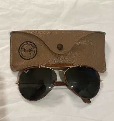 Ray-Ban Vintage Tan Brown Leather/Gold Aviator B&L Sunglasses + Original Case • £195