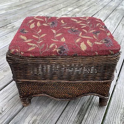 Antique Footstool Tapestry Ottoman Small Bench Rattan Bamboo Wicker MCM • $59.99