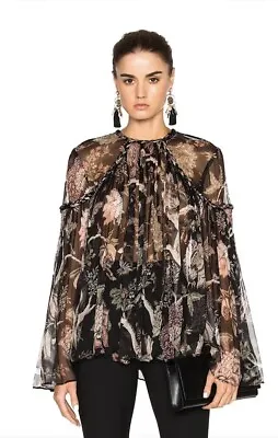 ZIMMERMANN Lavish Black Floral Print Silk Chiffon Braided Trim Blouse Size 1 • $134