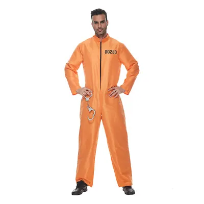 Men Prisoner Costume Halloween Orange Jumpsuit Jailbird Escaped Inmate Suit US • $26.99