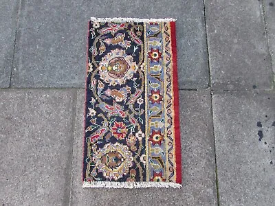 Vintage Fragment Hand Made Traditional Oriental Wool Red Blue Rug 71x40cm • £30