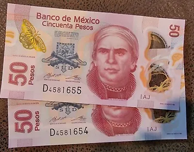 Lot Of Mexican (2) Currency 50 Peso UNC RARE Sequential Numbering. OLD VERSION • $11.99