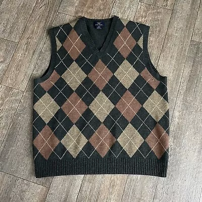 Brooks Brothers Scottish Lambs Wool Sweater Vest V-Neck Green Argyle Mens Medium • $28.49