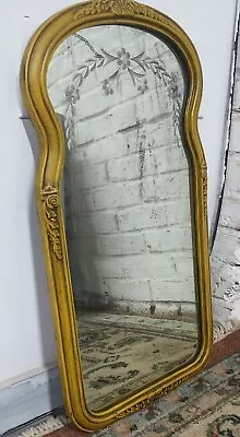 Vtg Antique Art Deco Era 1930s Painted Gesso Etched Glass Wall Mirror 26x14 • $180