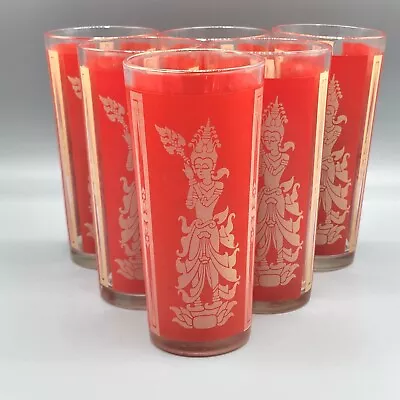 6 Vintage Culver Siam Thai Goddess Dancer Mid-Century Modern Red Tumblers  • $25