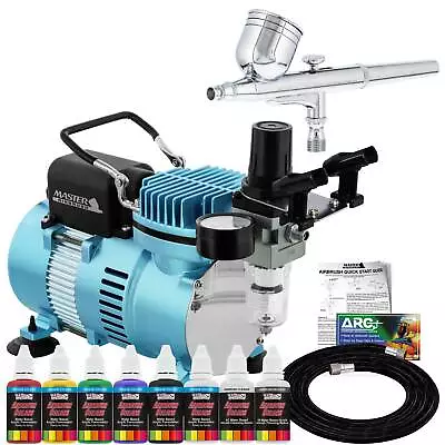 MASTER AIRBRUSH Gravity Dual-Action SET Air Compressor Primary Colors Paint Kit • $129.99