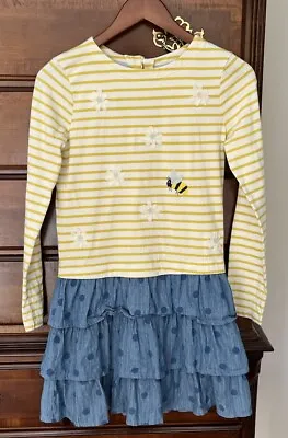 Mini Boden Girls Embroidered Hotchpotch Dress Yellow Bee Size 11-12 Applique Dot • $13.98