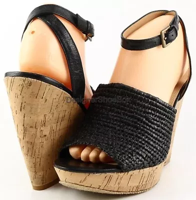 $120 ENZO ANGIOLINI CANTONE Black Woven Designer Shoe Open Toe Cork Wedges 8.5 • $40.49
