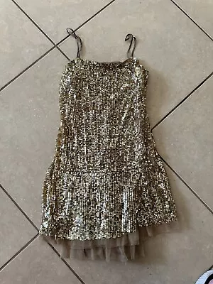 Blumarine Blugirl Vintage Gold Sequin Ruffle Strappy Mini Dress Sz I40 • $240