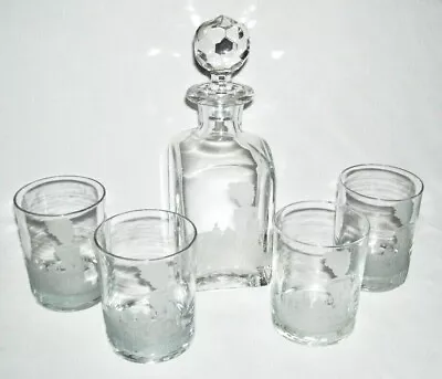 PERRY COYLE ~ Etched  General  Locomotive Square DECANTER W/STOPPER & 4 GLASSES • $98