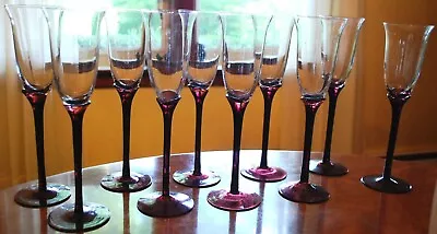 Vtg CHAMPAGNE TULIP FLUTE PURPLE AMETHYST STEM Hand Blown Glasses 9.5  MULTIPLES • $13.99