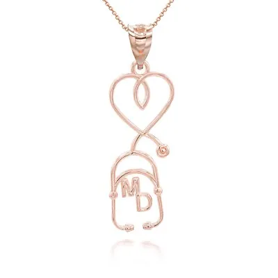 14K Solid Gold Medical Doctor MD Heart Stethoscope Pendant Necklace  • $272.38