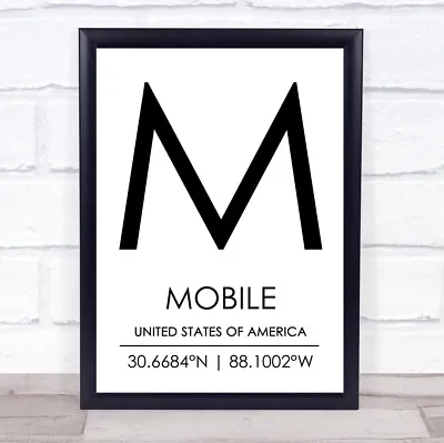 Mobile United States Of America Coordinates Travel Quote Wall Art Print • £9.99