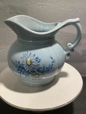 VTG McCoy Baby Blue Pitcher W/Flowers USA 5.5  Tall X 6  Wide X 5  Deep • $15.30