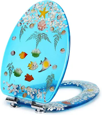 Resin Toilet Seat Blue Ocean Yellow Starfish Elongated-19  W/Cover Quiet Slow • $85.91
