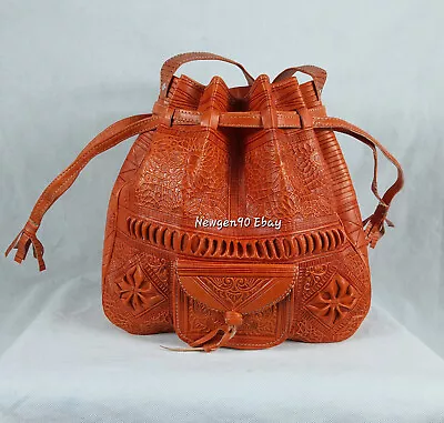 Drawstring Leather Shoulder Bag Moroccan Leather Bucket  Bag Hobo Purse Medium • $60