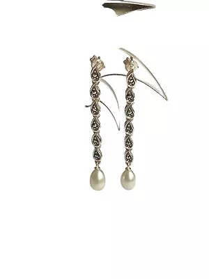 Kaori Cultured Pearl And Natural Marcasite Sterling Silver Drop Earrings 0.24cts • £49.99