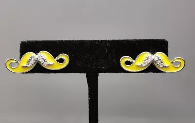 Silver Tone Yellow Clear White Rhinestone Mustache Moustache Post Stud Earrings • $3.99