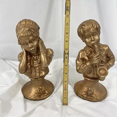 1971 J Kendrick Universal Statuary Corp Chicago Boy Girl Bust Statue Sax Gold • $19