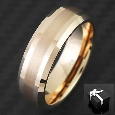6/8mm Men's Tungsten Rose Gold Plated W/ Brushed Stripe Wedding Band Ring • $13.99