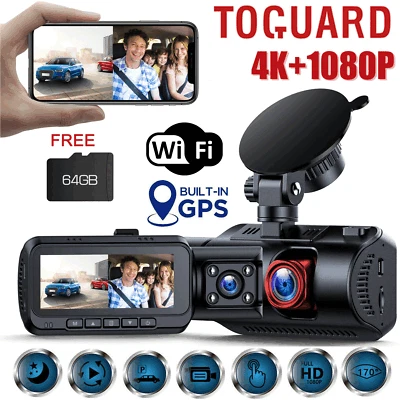 $169.59 • Buy TOGUARD WIFI GPS 4K Dual Dash Cam Front And Inside Car Camera Night Vision Uber