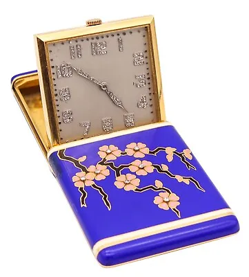 Art Deco 1925 Japonism Enameled Travel Clock In 18Kt Yellow Gold With Diamonds • $19980