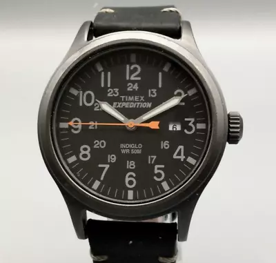 Timex Expedition Scout Watch Men 40mm Gunmetal Date Indiglo 50M Leather Band • $31.49
