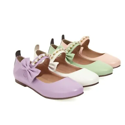 Women Sweet Pumps Bowknot Round Toe Pu Leather Mary Janes Low Heel Lolita Shoes • £23.99