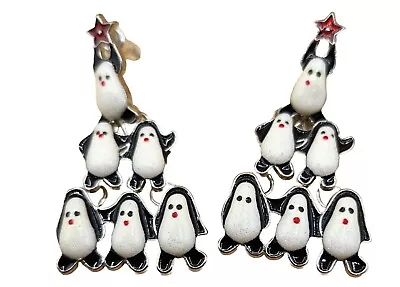 Silvertone & Enamel Penguin Pyramid With Red Star Pierced Earrings 1.75 X1  EUC • $12.25