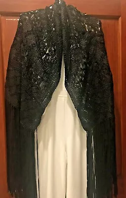 VTG Piano Shawl 100% Flamenco Manton De Manila-Spain-  Black Hand Crochet Silk • $250