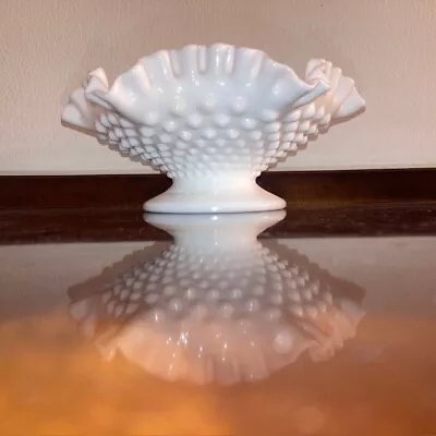 Fenton Hobnail Milk Glass Ruffled Compote Bowl 8  Wide  X 3.5  High - Mint Cond • $11