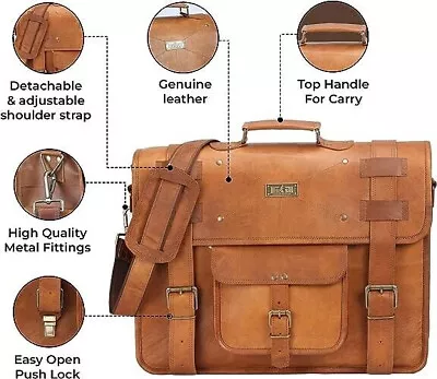 Men's Goat Leather Messenger Real Satchel Bag Genuine Laptop Brown Briefcase Ba • $56.40