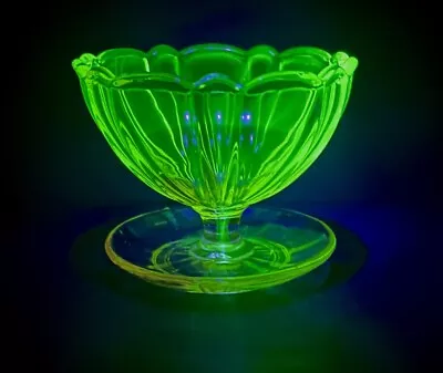 Citrine / Vaseline Uranium Pressed Glass Sundae Bowl Ice Cream Art Deco • £20.90