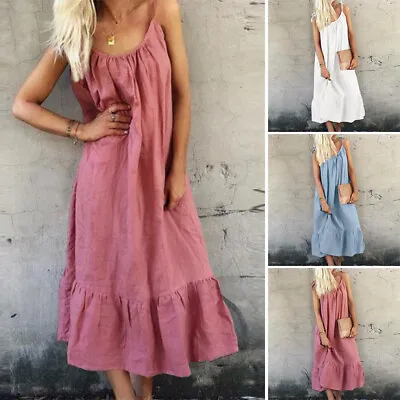 $19.95 • Buy ZANZEA Women Summer Spaghetti Strappy Sundress Gown Beach Ruffle Long Midi Dress