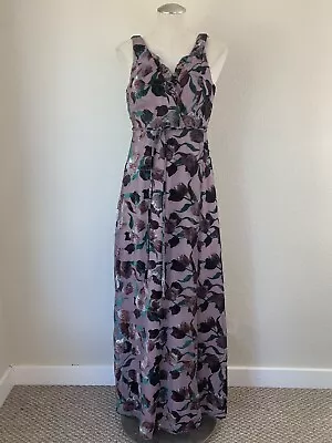 Aidan Mattox Floral Velvet Burnout Wrap Gown Dress Lavender Deep Back Size 8 • $44.95