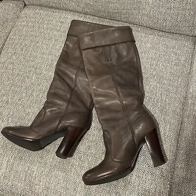 VTG Miss Sixty Knee High Boots Brown Gray Leather Round Toe High Heel 38 Italy • $45