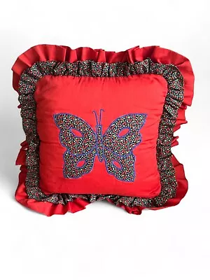 Vintage 16x16 Butterfly Throw Pillow Red Blue Floral Cottagecore Decor Handmade • $18