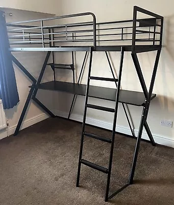 High Sleeper Metal Bed Frame With Desk And Ladder • £50