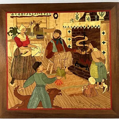 Folk Art Marquetry Wood Inlay Dutch Family Home Scene Wall Plaque ~ 11” X 12” • $20