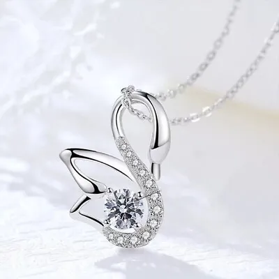 Crystal Swan Pendant Necklace 925 Sterling Silver Women Girls Jewellery Gift UK • £3.45