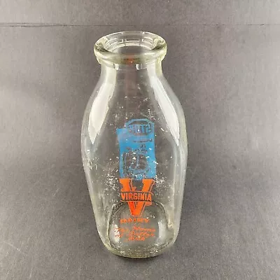 Virginia Dairy Glass Milk Bottle 1 Quart Orange And Blue Logos STOP School Bus • $15.95