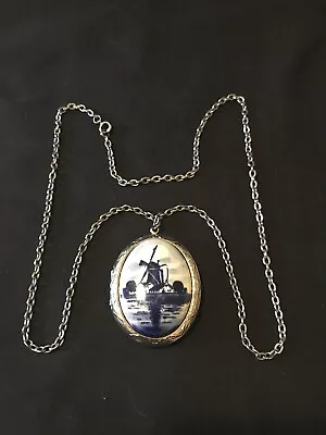 Vintage Windmill Delft Blue And White Ceramic With Silver Colored Chain & Locket • $12.99