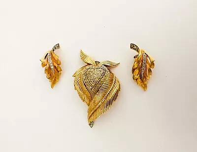 Jomaz Joseph Mazer Pave Rhinestone Leaf Heart Goldtone Brooch Clip Earrings Set • $349.50